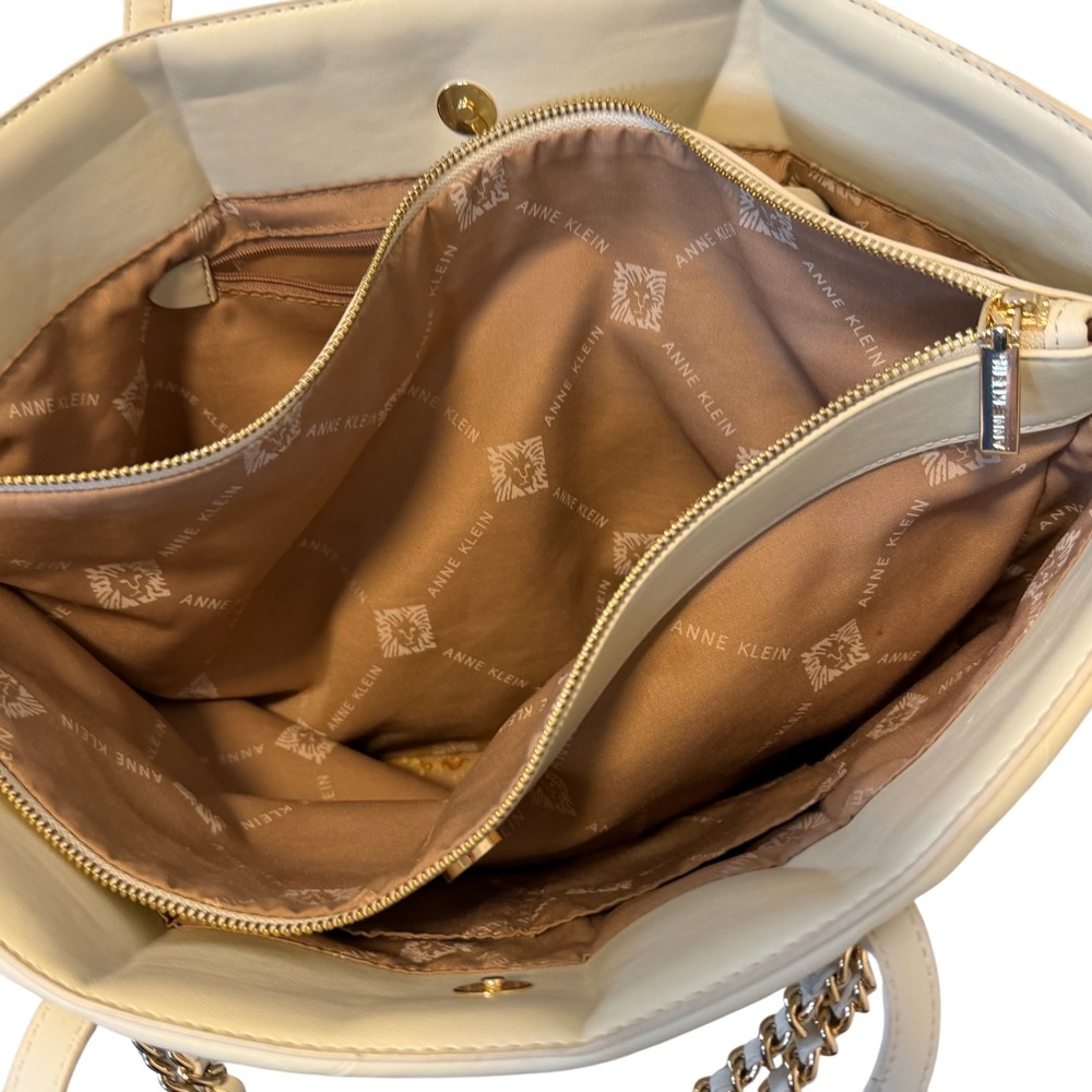 Anne Klein Quilted Tote Bag Cream Chain Faux Leather - Picture 5 of 10